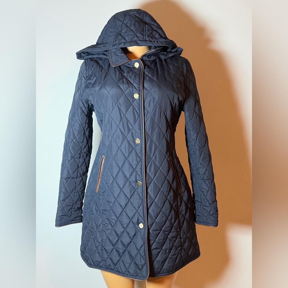 Ralph Lauren Navy Quilted Hooded Puffer with Brown Trim - Picture 2 of 12